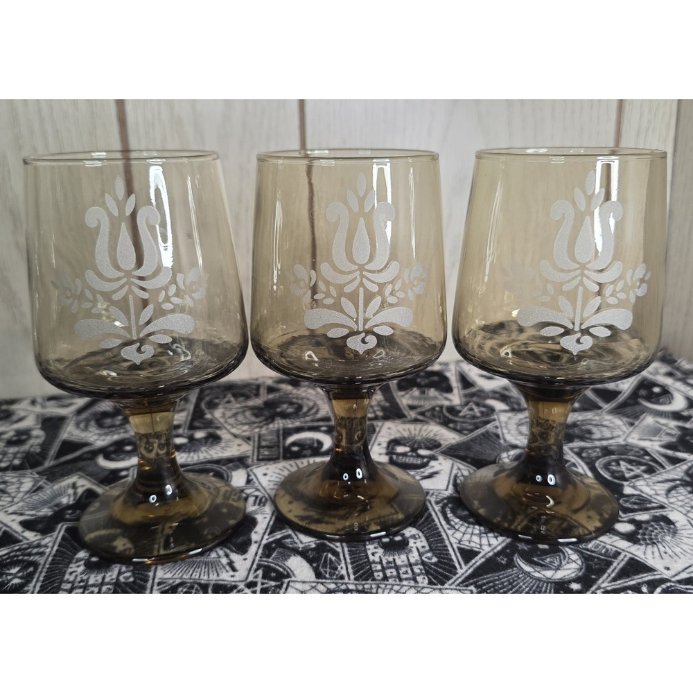 Pfaltzgraff Village Smoke Brown Etched Glassware Water Goblet Set Of 3 Vintage
